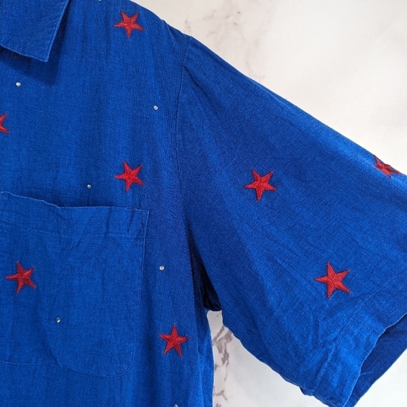 Quacker Factory Shirt Women 1X Linen Button 4th July Star Flag Short Sleeve - Picture 12 of 13